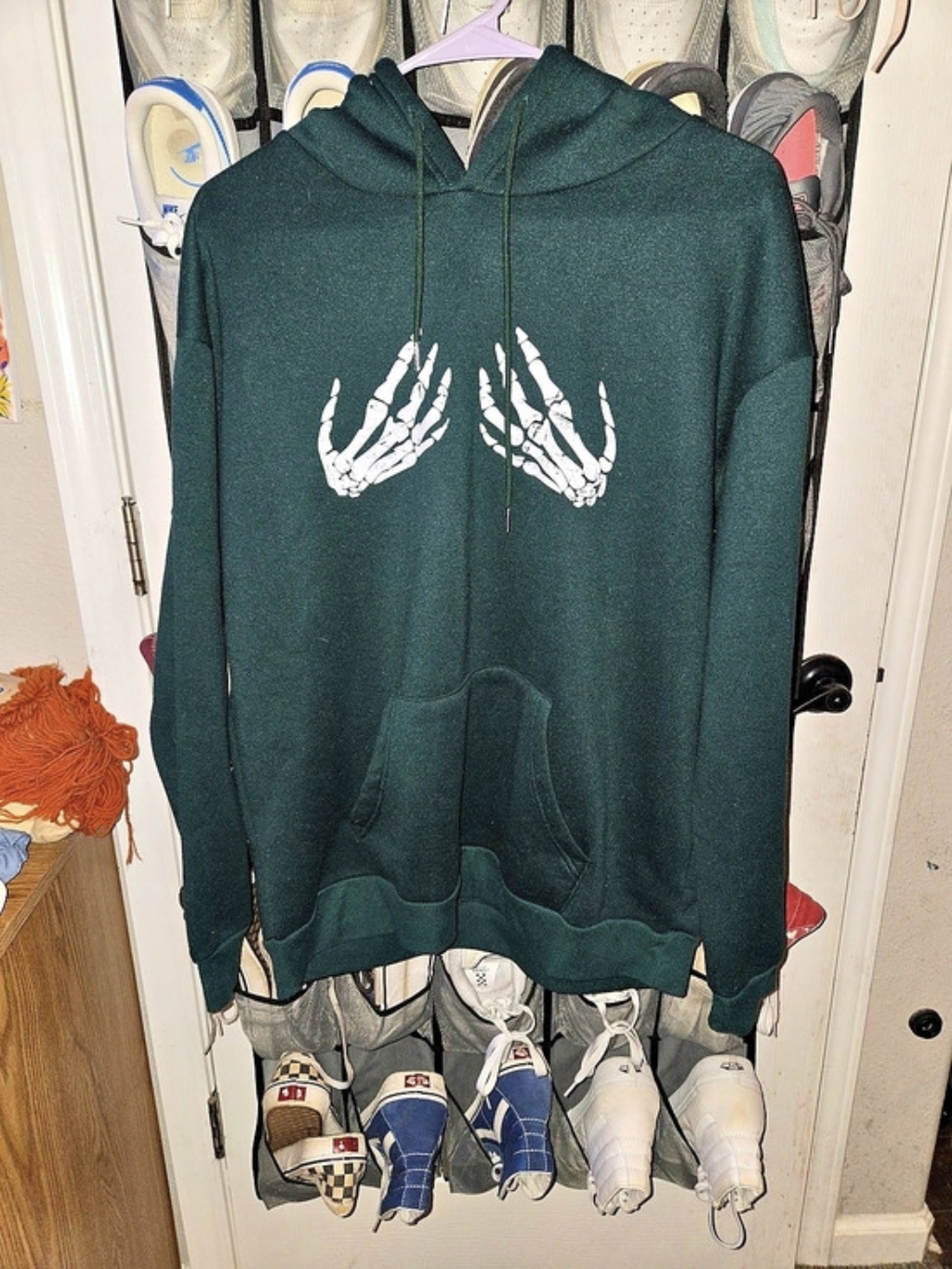 Dark Green Pullover Hoodie with Skeleton Hands Graphic - Size XL - WORN ONCE